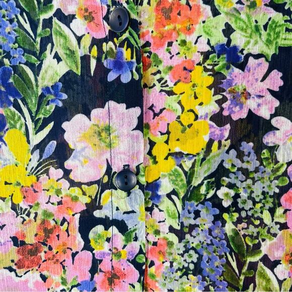 Vintage blue pink green floral garden button front chiffon top large - Picture 5 of 8